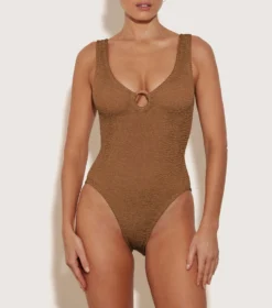 Celine Swim With Tonal Hoops - Metallic Cocoa