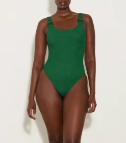Domino Swim With Tonal Hoops - Metallic Forest Green