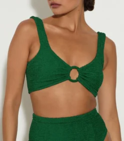 Nadine Bikini With Tonal Hoops - Metallic Forest Green -Hunza G NADINEBIKINIWITHFABRICCOVEREDHOOPMETALLICCRINKLEMETALLICFORESTGREEN 03
